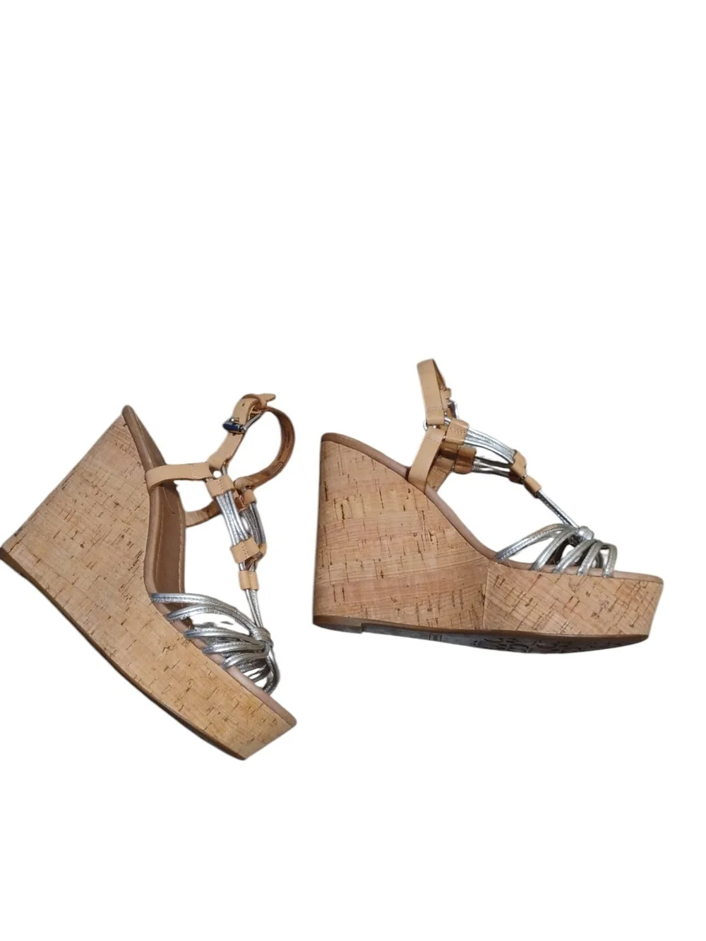 Coach Georgina Wedge Sandals with Cork Platform - Silver & Tan Size 6.5